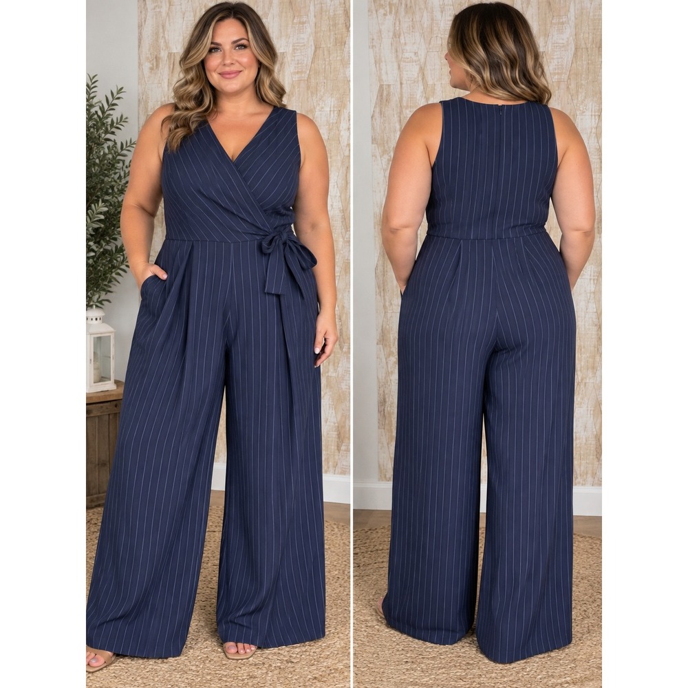 EMA & MICHELE Size 16 Navy Blue Pinstripe Sleeveless Surplice Jumpsuit